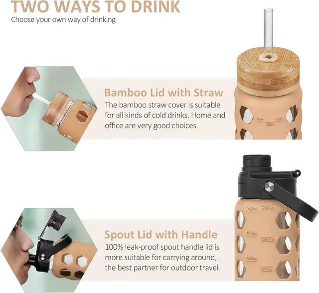 Alt view image 3 of 7 - MUKOKO 24oz Glass Water Bottle with 2 Lids-Handle Flip Lid&Bamboo Straw Lid,Motivational Water Tumbler with Time Marker Reminder and Silicone Sleeve, Leakproof-Amber
