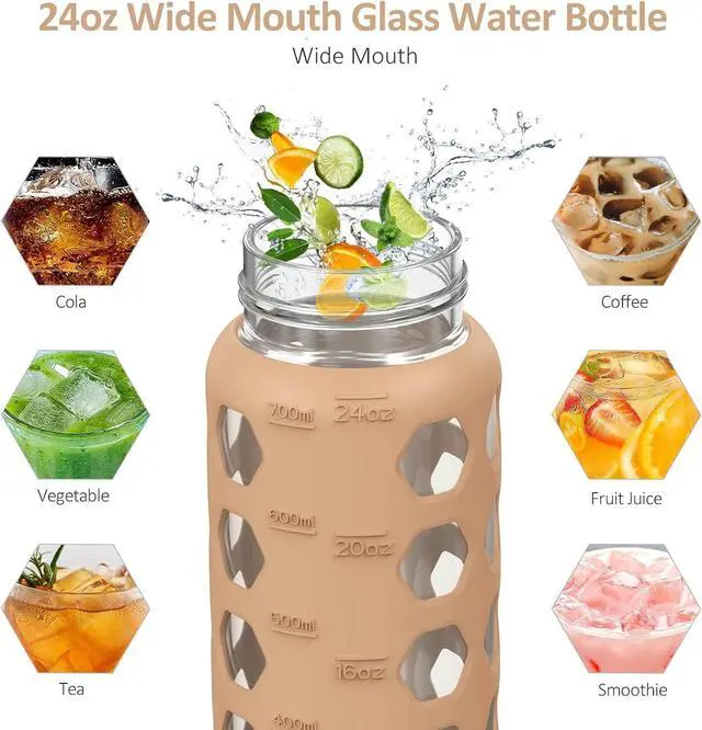 Alt view image 4 of 7 - MUKOKO 24oz Glass Water Bottle with 2 Lids-Handle Flip Lid&Bamboo Straw Lid,Motivational Water Tumbler with Time Marker Reminder and Silicone Sleeve, Leakproof-Amber
