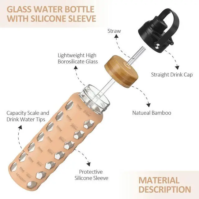 Alt view image 5 of 7 - MUKOKO 24oz Glass Water Bottle with 2 Lids-Handle Flip Lid&Bamboo Straw Lid,Motivational Water Tumbler with Time Marker Reminder and Silicone Sleeve, Leakproof-Amber
