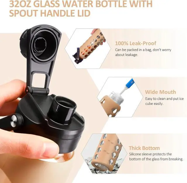 Alt view image 6 of 7 - MUKOKO 24oz Glass Water Bottle with 2 Lids-Handle Flip Lid&Bamboo Straw Lid,Motivational Water Tumbler with Time Marker Reminder and Silicone Sleeve, Leakproof-Amber