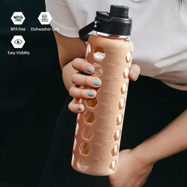 Alt view image 7 of 7 - MUKOKO 24oz Glass Water Bottle with 2 Lids-Handle Flip Lid&Bamboo Straw Lid,Motivational Water Tumbler with Time Marker Reminder and Silicone Sleeve, Leakproof-Amber