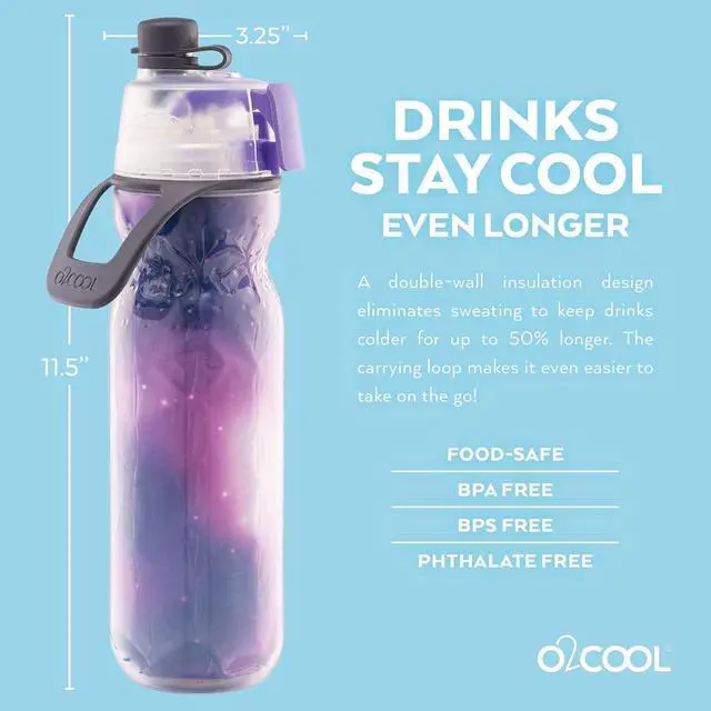 Alt view image 5 of 7 - O2COOL Mist 'N Sip Misting Water Bottle 2-in-1 Mist And Sip Function With No Leak Pull Top Spout Reusable Sports Water Bottle - 20 oz (Tie Dye/Celestial Purple)