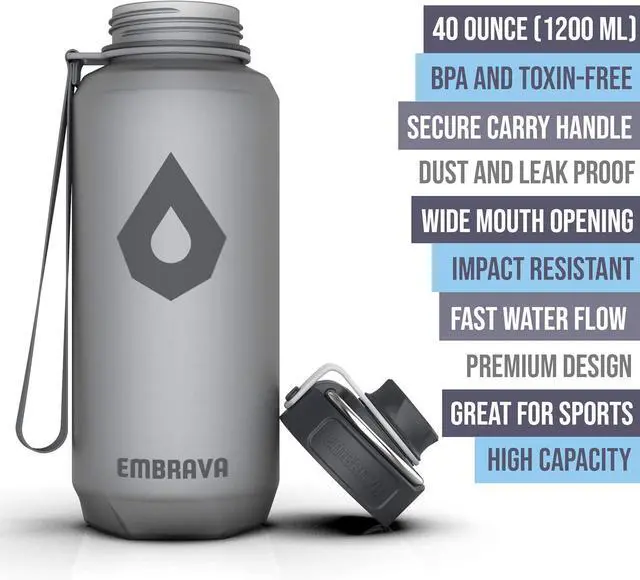 Alt view image 2 of 6 - Embrava 40oz Water Bottle - Large with Travel Carry Ring - Wide Leak Proof Drink Spout - Heavy-Duty, BPA & BPS Free Tritan Plastic - Best for Sports, Hiking, Gym, Men & Women