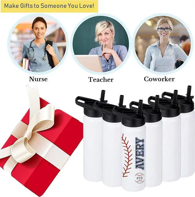 Alt view image 2 of 7 - 6 Pack Sublimation Water Bottle Blanks, 24oz Personalized Water Bottles Bulk with Handle & Straw Lid, Stainless Steel, Lightweight for Sports Travel Gym Running, DIY Gift for Teacher Nurse, White