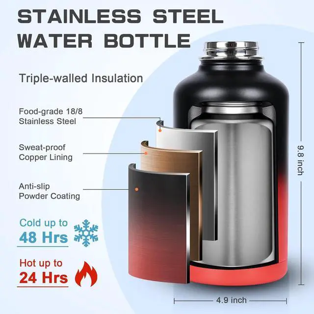 Alt view image 2 of 7 - Insulated Water Bottle 64 oz, Half Gallon Water Jug Cold 48H, BPA Free Stainless Steel Bottles with Straw/Chug 2-in-1 Lid, Bag, Paracord Handle, Silicone Boot, Sports Gym School Metal Flask