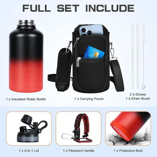 Alt view image 5 of 7 - Insulated Water Bottle 64 oz, Half Gallon Water Jug Cold 48H, BPA Free Stainless Steel Bottles with Straw/Chug 2-in-1 Lid, Bag, Paracord Handle, Silicone Boot, Sports Gym School Metal Flask
