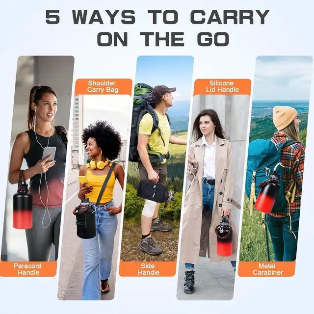 Alt view image 6 of 7 - Insulated Water Bottle 64 oz, Half Gallon Water Jug Cold 48H, BPA Free Stainless Steel Bottles with Straw/Chug 2-in-1 Lid, Bag, Paracord Handle, Silicone Boot, Sports Gym School Metal Flask