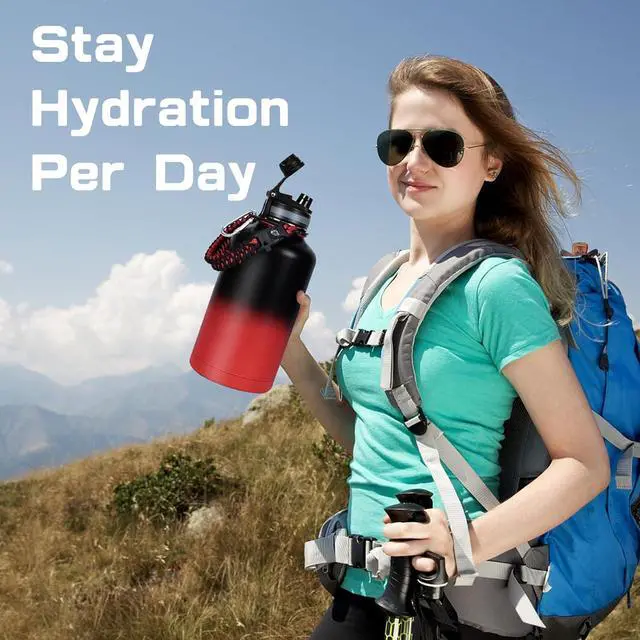 Alt view image 7 of 7 - Insulated Water Bottle 64 oz, Half Gallon Water Jug Cold 48H, BPA Free Stainless Steel Bottles with Straw/Chug 2-in-1 Lid, Bag, Paracord Handle, Silicone Boot, Sports Gym School Metal Flask