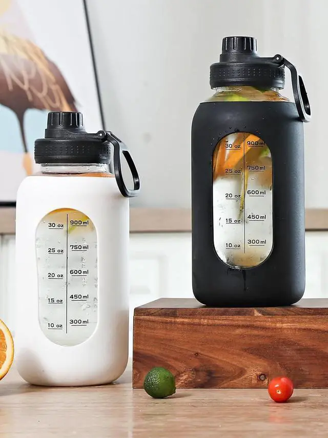 Alt view image 2 of 7 - 40oz Glass Water Bottle with Handle Lid Time Marker Motivational Sport Water Jug with Silicone Sleeve Water Flask Canteen Wide Mouth Water Bottle for Gym Workout Travel Office Home Everyday Hydration