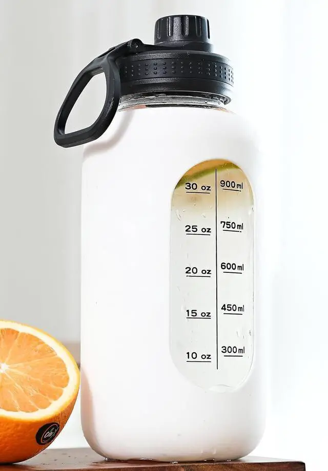Alt view image 3 of 7 - 40oz Glass Water Bottle with Handle Lid Time Marker Motivational Sport Water Jug with Silicone Sleeve Water Flask Canteen Wide Mouth Water Bottle for Gym Workout Travel Office Home Everyday Hydration