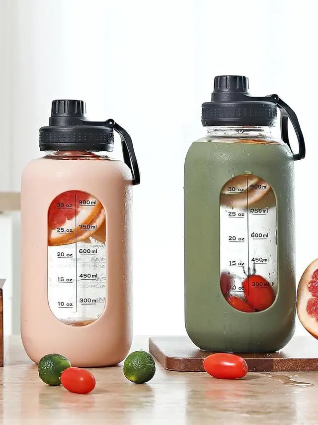 Alt view image 6 of 7 - 40oz Glass Water Bottle with Handle Lid Time Marker Motivational Sport Water Jug with Silicone Sleeve Water Flask Canteen Wide Mouth Water Bottle for Gym Workout Travel Office Home Everyday Hydration