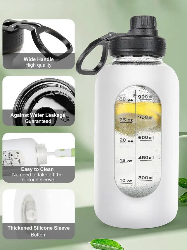 Alt view image 7 of 7 - 40oz Glass Water Bottle with Handle Lid Time Marker Motivational Sport Water Jug with Silicone Sleeve Water Flask Canteen Wide Mouth Water Bottle for Gym Workout Travel Office Home Everyday Hydration