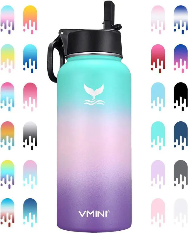 Main image of Vmini Water Bottle with New Wide Handle Straw Lid, Wide Mouth Vacuum Insulated 18/8 Stainless Steel, 32 oz, Gradient Mint + Pink + Purple