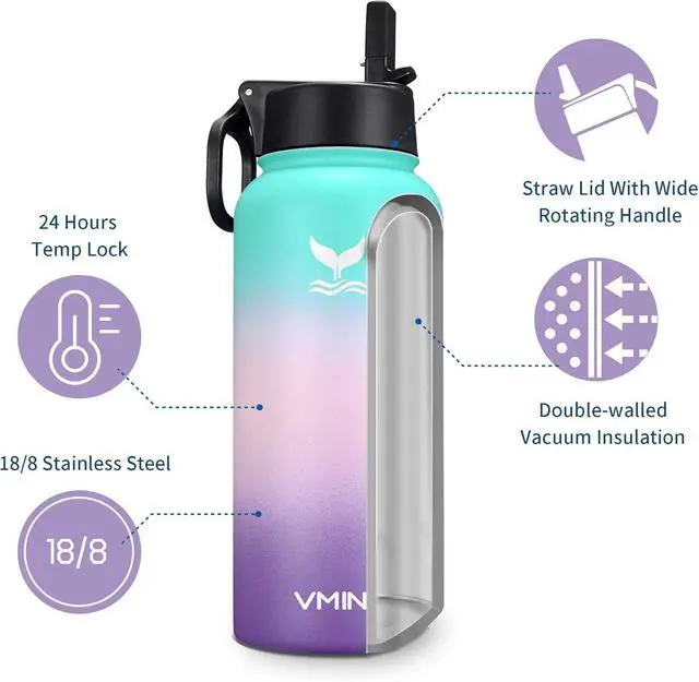 Alt view image 2 of 7 - Vmini Water Bottle with New Wide Handle Straw Lid, Wide Mouth Vacuum Insulated 18/8 Stainless Steel, 32 oz, Gradient Mint + Pink + Purple