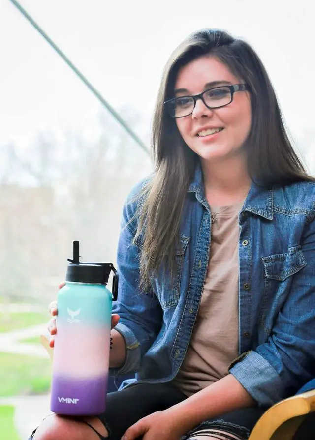 Alt view image 6 of 7 - Vmini Water Bottle with New Wide Handle Straw Lid, Wide Mouth Vacuum Insulated 18/8 Stainless Steel, 32 oz, Gradient Mint + Pink + Purple