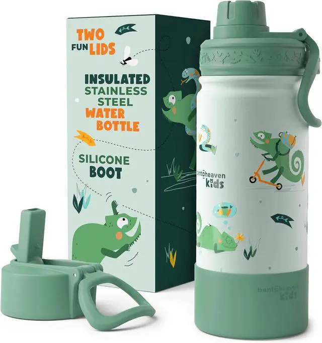 Main image of Bentoheaven Kids Water Bottle Stainless Steel for Boys & Girls, 2 Lids (Chug & Straw), Handle & Silicone Boot, Reusable Metal Leak-proof Insulated Tumbler, School & Sports 17oz (Green)