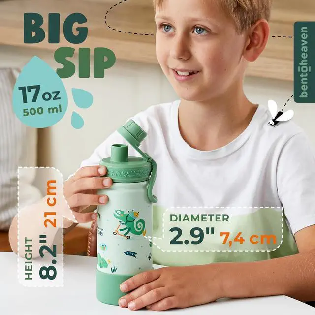 Alt view image 4 of 7 - Bentoheaven Kids Water Bottle Stainless Steel for Boys & Girls, 2 Lids (Chug & Straw), Handle & Silicone Boot, Reusable Metal Leak-proof Insulated Tumbler, School & Sports 17oz (Green)