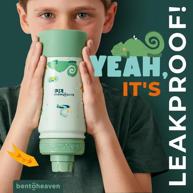 Alt view image 5 of 7 - Bentoheaven Kids Water Bottle Stainless Steel for Boys & Girls, 2 Lids (Chug & Straw), Handle & Silicone Boot, Reusable Metal Leak-proof Insulated Tumbler, School & Sports 17oz (Green)