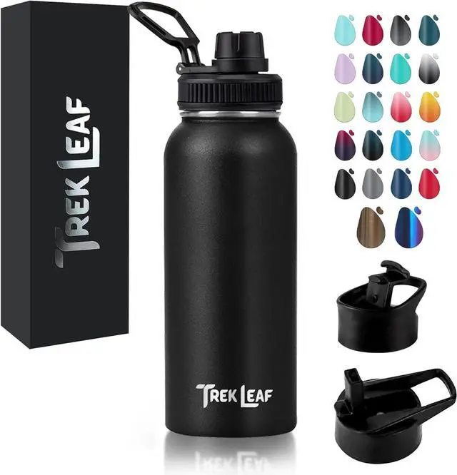 Main image of Travel Water Bottle with 3 Lids (Spout, Straw, Flip) Leak Proof, Quality, Vacuum Insulated, Stainless Steel (Black, 32 oz)