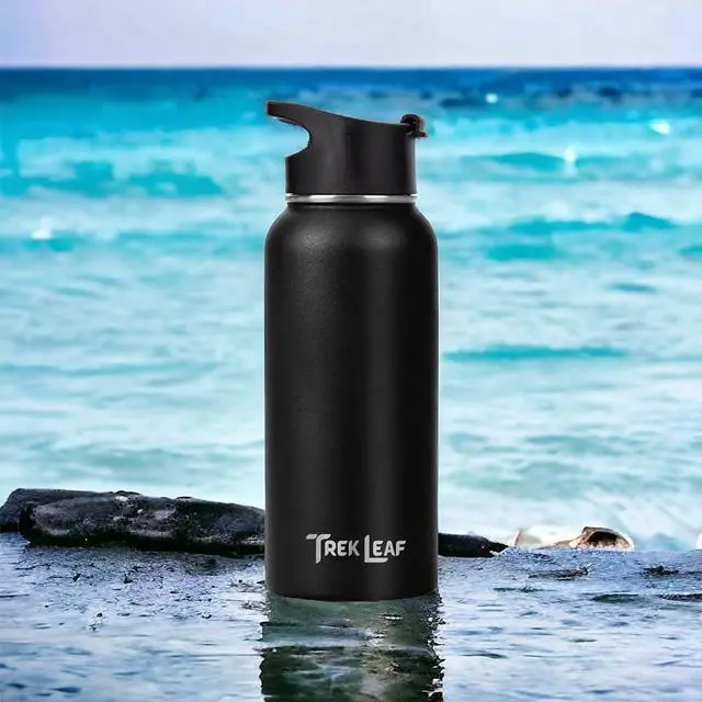 Alt view image 3 of 7 - Travel Water Bottle with 3 Lids (Spout, Straw, Flip) Leak Proof, Quality, Vacuum Insulated, Stainless Steel (Black, 32 oz)