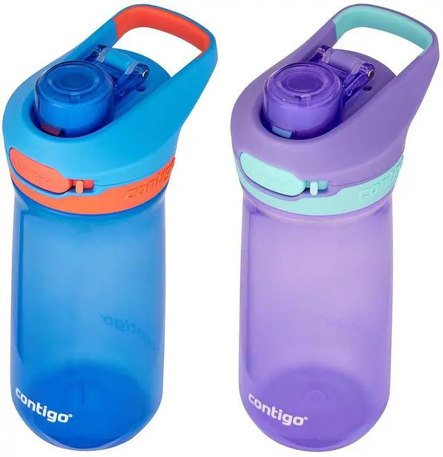Alt view image 7 of 7 - Contigo Jessie Kids Water Bottle Leak-Proof Lid 14oz Dishwasher-Safe Fits Most Cup Holders 2-Pack Blue Poppy/Coral & Amethyst/Jade