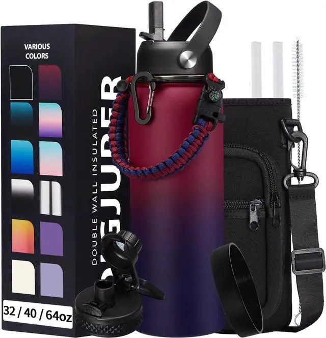 Main image of 40OZ Stainless-steel Water-Bottle with Straw - Pop-up Spout & Straw Lids, Survival Paracord Handle, Storage Sleeve & Cup Mat, Leak Proof Reusable Insulated Men Women Water Jug for Gym Workout