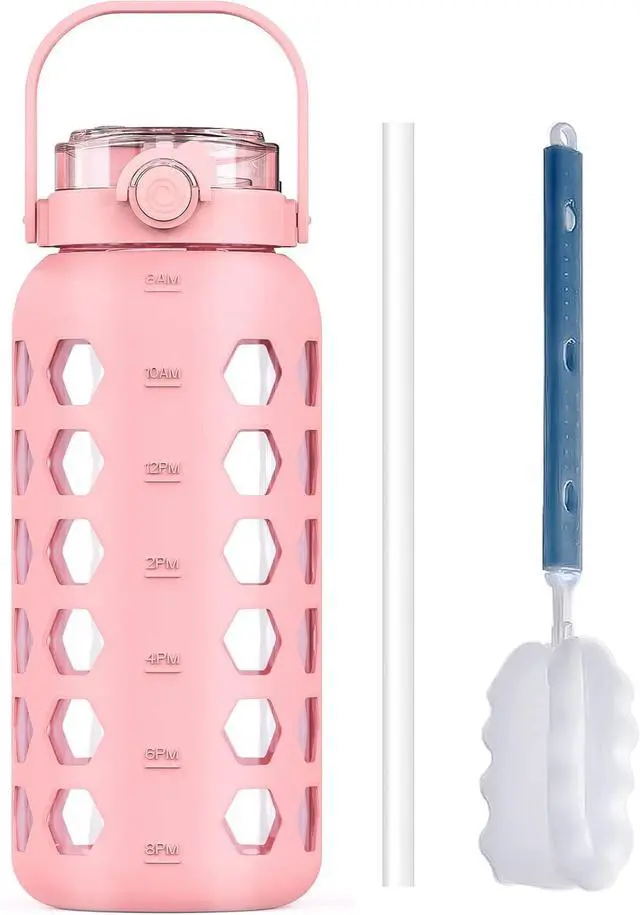 Main image of MUKOKO Half Gallon/64 oz Glass Water Bottles with Straw and Lid,Motivational Water Jug with Time Marker Reminder and Silicone Sleeve,100% Leakproof BPA Free Fitness Sports Large Bottle-Pink