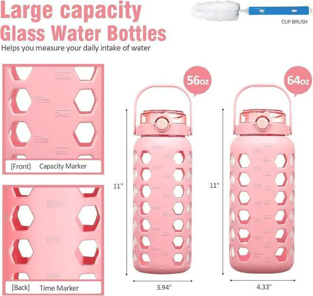 Alt view image 2 of 7 - MUKOKO Half Gallon/64 oz Glass Water Bottles with Straw and Lid,Motivational Water Jug with Time Marker Reminder and Silicone Sleeve,100% Leakproof BPA Free Fitness Sports Large Bottle-Pink