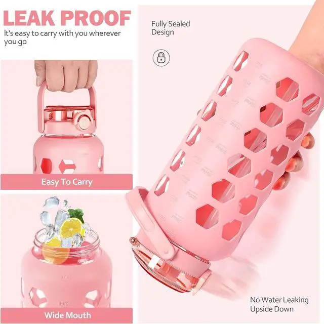 Alt view image 4 of 7 - MUKOKO Half Gallon/64 oz Glass Water Bottles with Straw and Lid,Motivational Water Jug with Time Marker Reminder and Silicone Sleeve,100% Leakproof BPA Free Fitness Sports Large Bottle-Pink