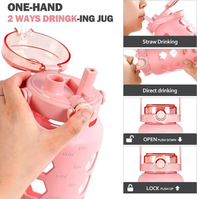 Alt view image 5 of 7 - MUKOKO Half Gallon/64 oz Glass Water Bottles with Straw and Lid,Motivational Water Jug with Time Marker Reminder and Silicone Sleeve,100% Leakproof BPA Free Fitness Sports Large Bottle-Pink