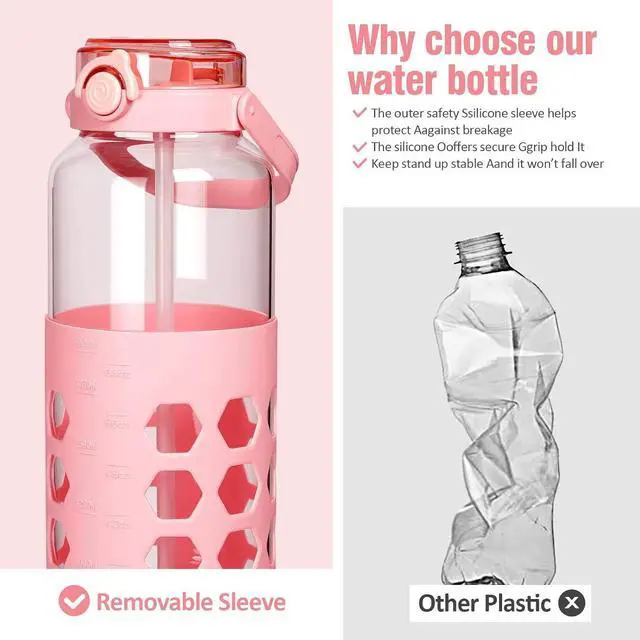 Alt view image 6 of 7 - MUKOKO Half Gallon/64 oz Glass Water Bottles with Straw and Lid,Motivational Water Jug with Time Marker Reminder and Silicone Sleeve,100% Leakproof BPA Free Fitness Sports Large Bottle-Pink