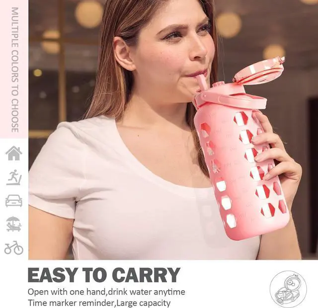 Alt view image 7 of 7 - MUKOKO Half Gallon/64 oz Glass Water Bottles with Straw and Lid,Motivational Water Jug with Time Marker Reminder and Silicone Sleeve,100% Leakproof BPA Free Fitness Sports Large Bottle-Pink