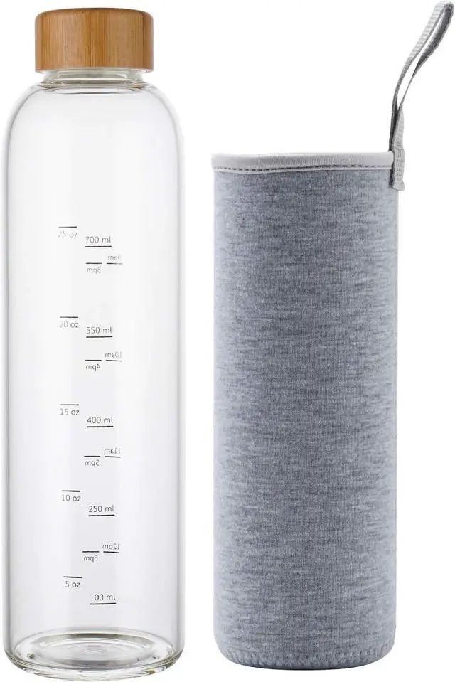 Main image of sunkey 32 oz Glass Water Bottle with Time Marker Bamboo Lid Neoprene Sleeve for to Go Travel Gym Home Reusable Eco Friendly Bpa Free (Gray)