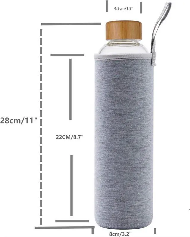 Alt view image 2 of 6 - sunkey 32 oz Glass Water Bottle with Time Marker Bamboo Lid Neoprene Sleeve for to Go Travel Gym Home Reusable Eco Friendly Bpa Free (Gray)