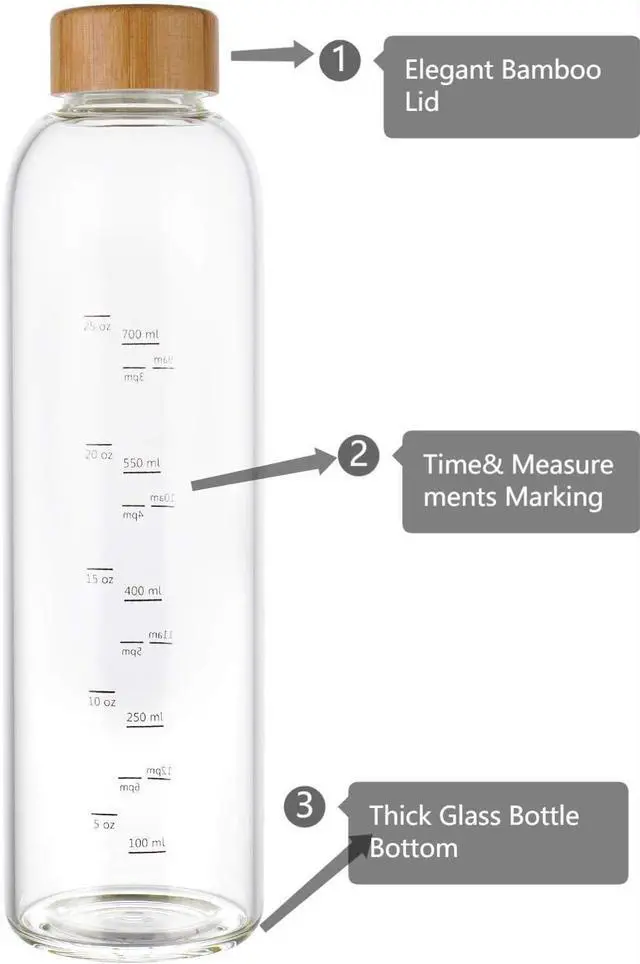 Alt view image 3 of 6 - sunkey 32 oz Glass Water Bottle with Time Marker Bamboo Lid Neoprene Sleeve for to Go Travel Gym Home Reusable Eco Friendly Bpa Free (Gray)