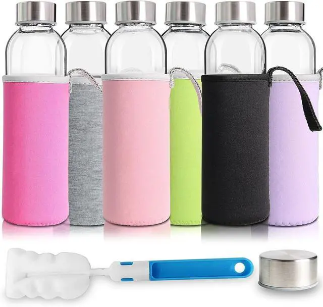 Main image of YEBODA Glass Water Bottles 18oz Bottles For Beverage and Juicer Use Stainless Steel Caps - Including Colorful Nylon Protection Sleeve,Pack Of 6