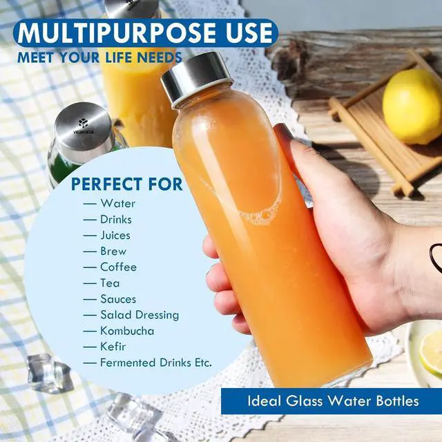 Alt view image 3 of 7 - YEBODA Glass Water Bottles 18oz Bottles For Beverage and Juicer Use Stainless Steel Caps - Including Colorful Nylon Protection Sleeve,Pack Of 6