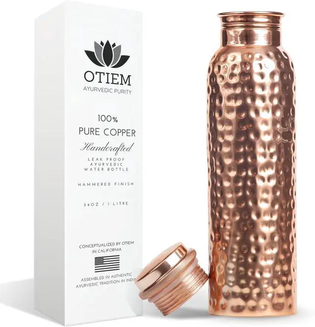 Main image of 34oz Pure Copper Water Bottle for Drinking  Ayurvedic Hammered Copper Water Bottle, Leak Proof Lid  Large Handcrafted Copper Bottle Water Vessel  100 Copper Drinking Water Bottle 34 Oz