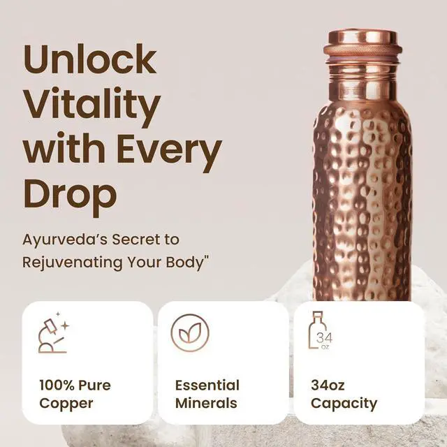 Alt view image 3 of 7 - 34oz Pure Copper Water Bottle for Drinking  Ayurvedic Hammered Copper Water Bottle, Leak Proof Lid  Large Handcrafted Copper Bottle Water Vessel  100 Copper Drinking Water Bottle 34 Oz
