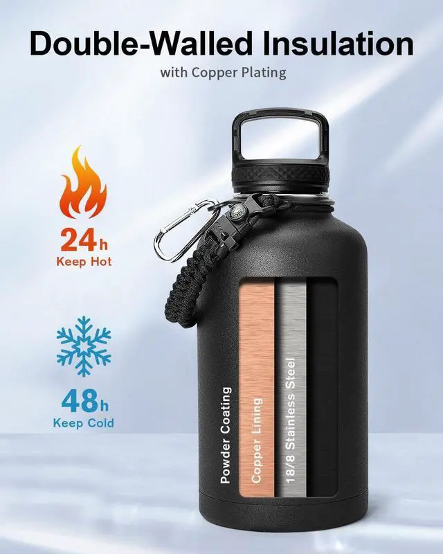 Alt view image 2 of 7 - Trebo 64oz Water Bottle Insulated,Large Stainless Steel Water Jug with 3 Lids, Double Wall Vacuum Sports Thermos Keep Hot 24 Hours & Cold 48 Hours,Wide Mouth Flask,Black