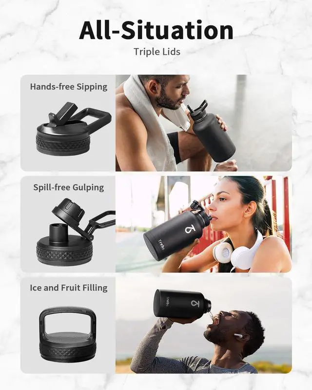 Alt view image 3 of 7 - Trebo 64oz Water Bottle Insulated,Large Stainless Steel Water Jug with 3 Lids, Double Wall Vacuum Sports Thermos Keep Hot 24 Hours & Cold 48 Hours,Wide Mouth Flask,Black