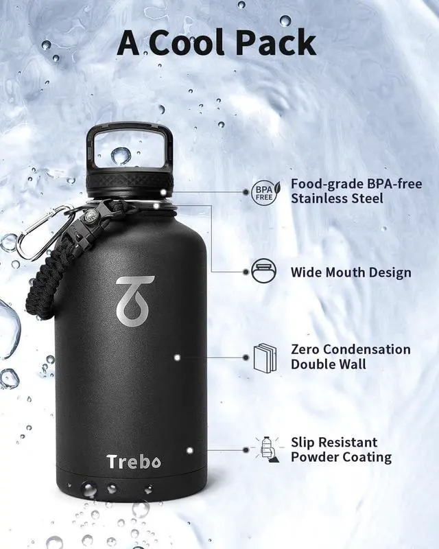 Alt view image 5 of 7 - Trebo 64oz Water Bottle Insulated,Large Stainless Steel Water Jug with 3 Lids, Double Wall Vacuum Sports Thermos Keep Hot 24 Hours & Cold 48 Hours,Wide Mouth Flask,Black
