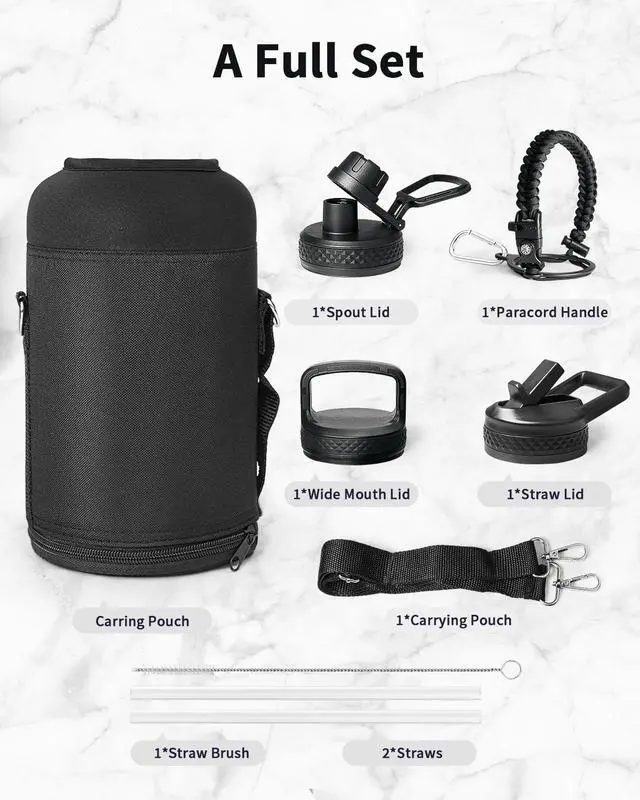 Alt view image 6 of 7 - Trebo 64oz Water Bottle Insulated,Large Stainless Steel Water Jug with 3 Lids, Double Wall Vacuum Sports Thermos Keep Hot 24 Hours & Cold 48 Hours,Wide Mouth Flask,Black