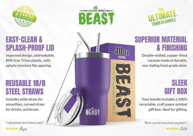 Alt view image 2 of 7 - Beast 40 oz Tumbler Stainless Steel Vacuum Insulated Coffee Ice Cup Double Wall Travel Flask (Purple)
