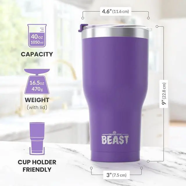 Alt view image 7 of 7 - Beast 40 oz Tumbler Stainless Steel Vacuum Insulated Coffee Ice Cup Double Wall Travel Flask (Purple)