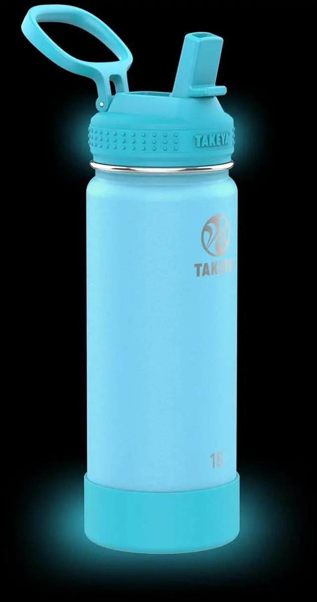 Alt view image 2 of 6 - Takeya Actives Kids Glow-in-the-Dark Water Bottle with Straw Lid - Stainless Steel Bottle with BPA-Free Lid - Reusable & Dishwasher-Safe Water Bottle - 18 oz, Glow Worm Blue