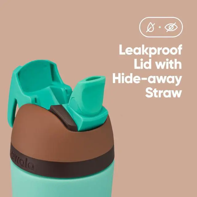 Alt view image 2 of 5 - Owala Kids Flip Insulated Stainless-Steel Water Bottle with Straw and Locking Lid, 14-Ounce, Brown/Teal (Mint Chocolate Chip)