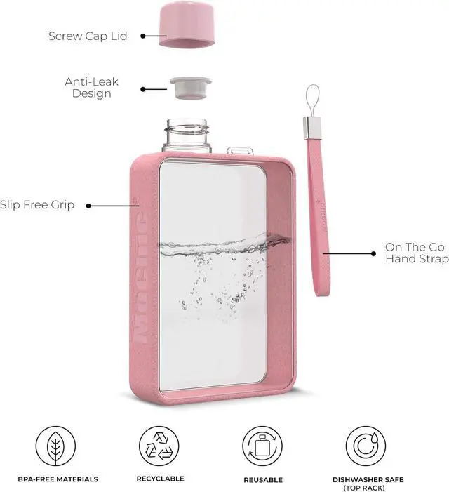 Alt view image 2 of 7 - Mochic 13oz Flat Portable Travel Mug Handbag Slim Cold Flask | BPA Free A5 Water Bottle Tritan Plastic | Sports, Camping, Gym, Fitness, Outdoor - Leak Proof. 380ml (Pink)