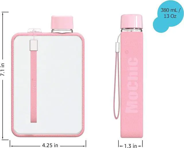 Alt view image 5 of 7 - Mochic 13oz Flat Portable Travel Mug Handbag Slim Cold Flask | BPA Free A5 Water Bottle Tritan Plastic | Sports, Camping, Gym, Fitness, Outdoor - Leak Proof. 380ml (Pink)