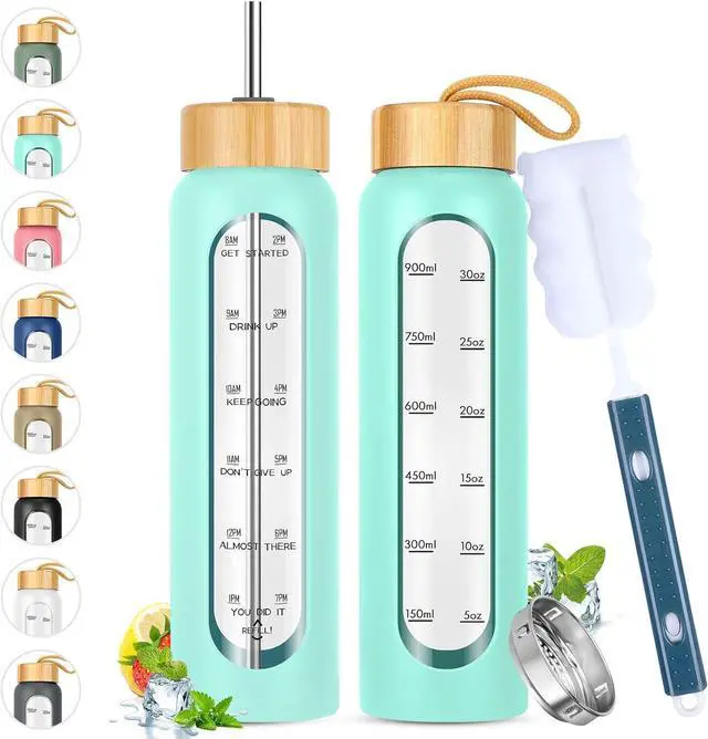 Main image of 32 oz Glass Water Bottle with Straw - Motivational Time Marker & Silicone Sleeve - Reusable Tumbler Includes 2 Bamboo Lids & Fruit Infuser - 1 Pack